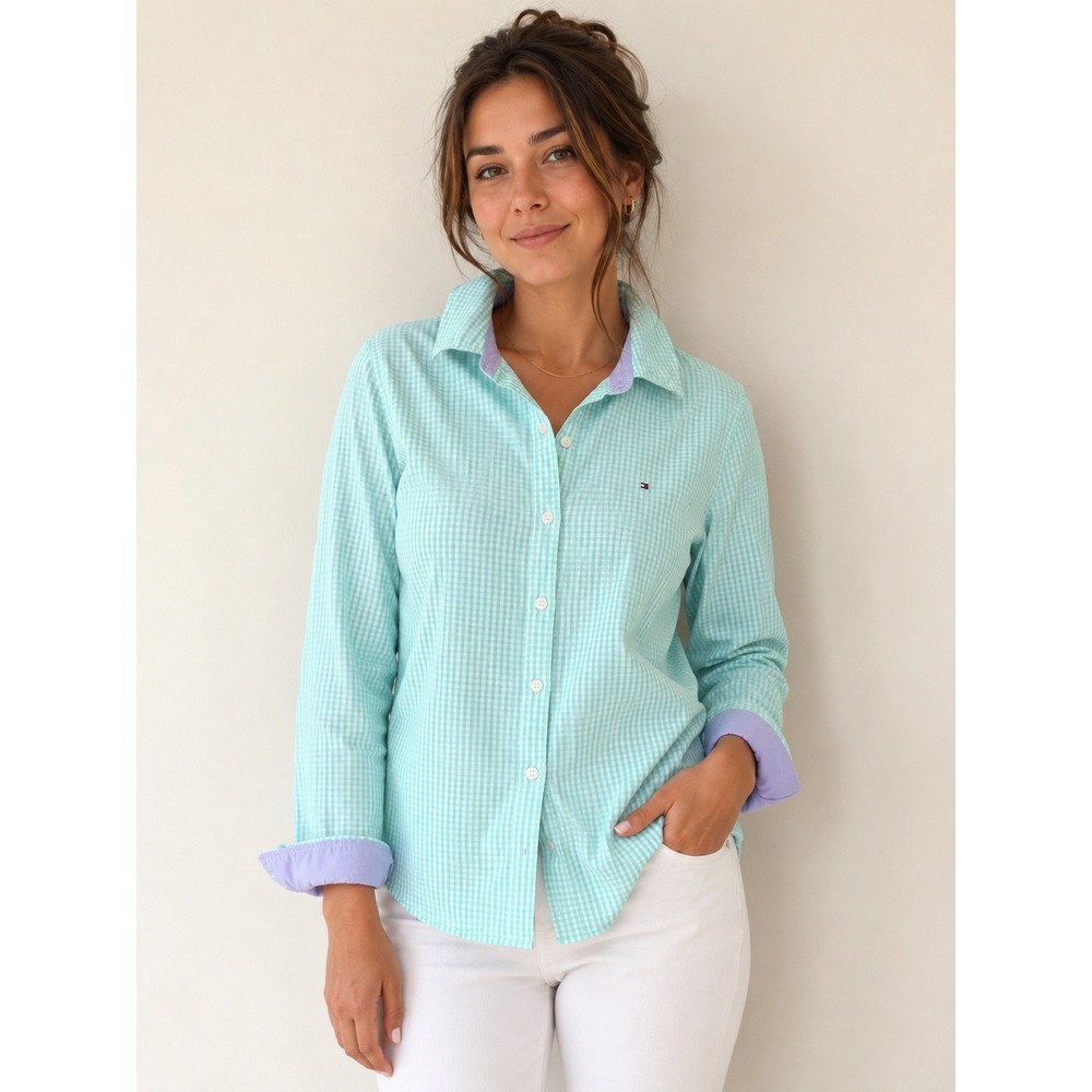 Tommy Hilfiger Women's Large Mint Green Gingham Button Down Shirt 100% Cotton
